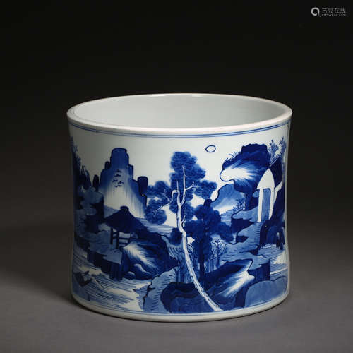 BLUE AND WHITE PORCELAIN PEN HOLDER, KANGXI QING DYNASTY, CHINA