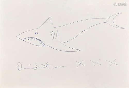 达明·赫斯特  鲨鱼 镜框 圆珠笔在纸上