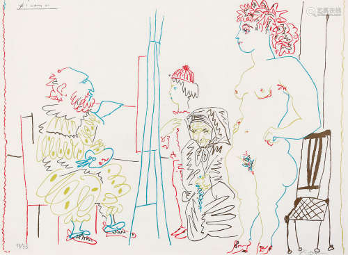 巴勃罗·鲁伊斯·毕加索  画家与模特 镜框 石版画