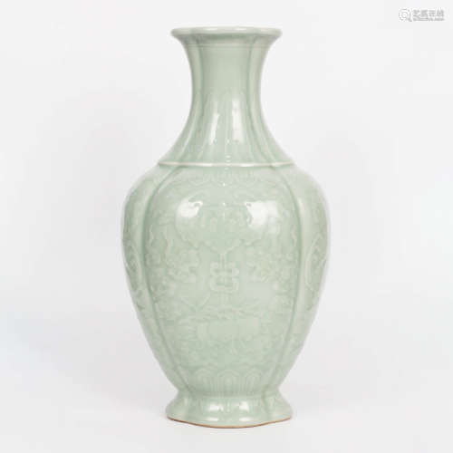 A Light Green Glazed Flower Carved Porcelain Vase