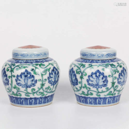 A Pair of Blue and White Doucai Interlocking Lotus Porcelain Jars