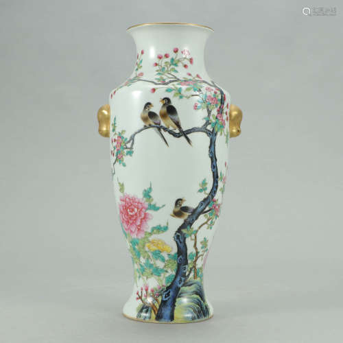 A Famille Rose Bird and Flower Porcelain Double-eared Vase