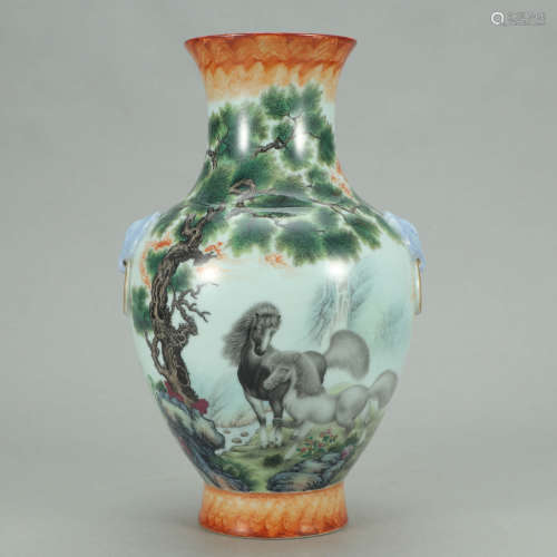 A Famille Rose Horse Porcelain Double-eared Zun