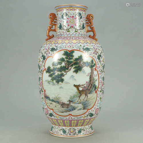 A Famille Rose Porcelain Double-eared Vase