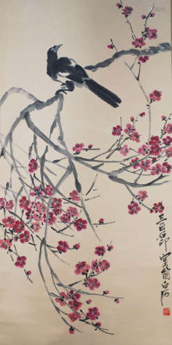 A Chinese Bird-and-flower Hanging Scroll Painting, Qi Baishi Mark