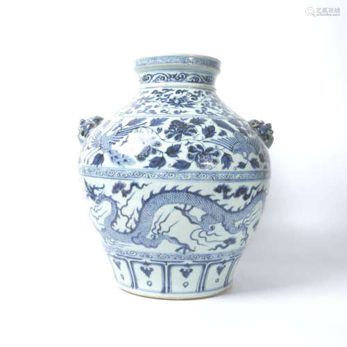 A Blue and White Dragon and Phoenix Porcelain Jar