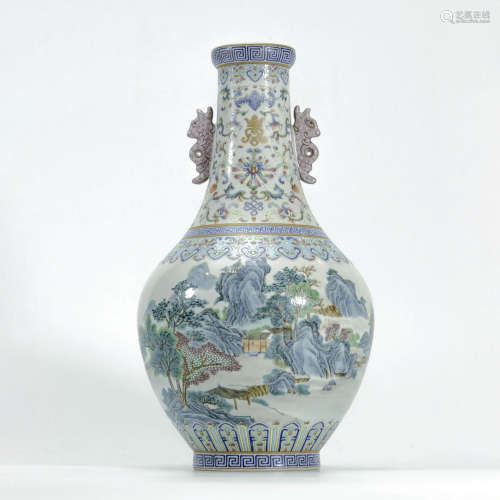A Famille Rose Landscape Porcelain Double-eared Vase