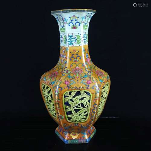 A Hollowed-out Famille Rose Porcelain Hexagonal Vase