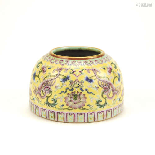 A Yellow Ground Famille Rose Phoenix Porcelain Water Pot