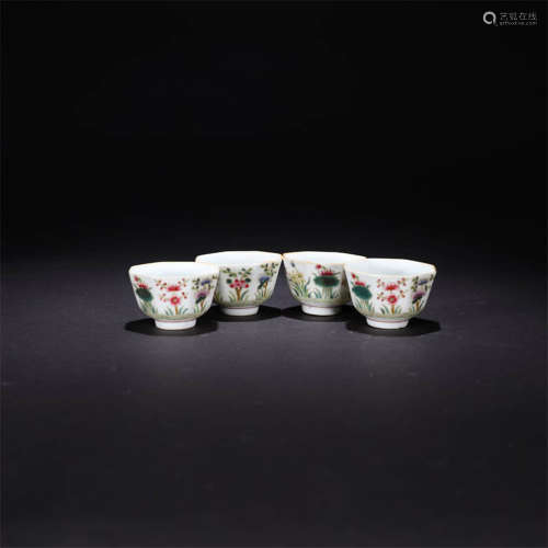A Set of 4 Famille Rose Flower Porcelain Cups
