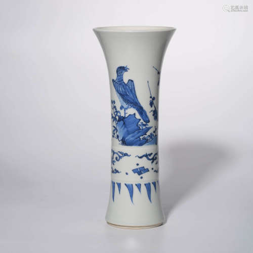 A Blue and White Bird and Flower Porcelain Beaker Vase
