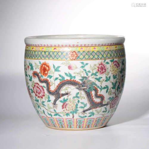 A Famille Rose Dragon and Flower Porcelain Vat