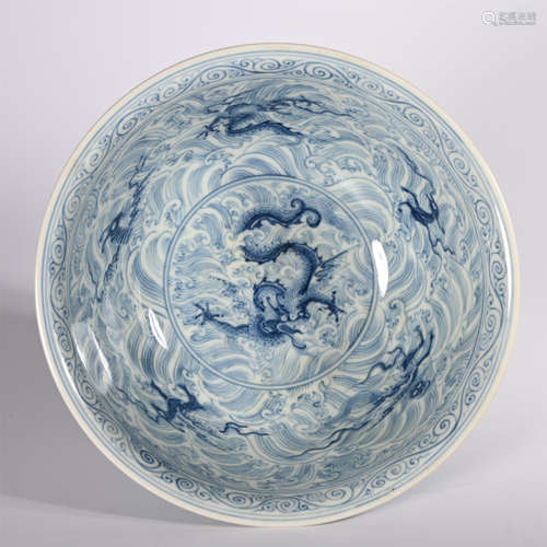 Ming dark blue and white dragon bowl