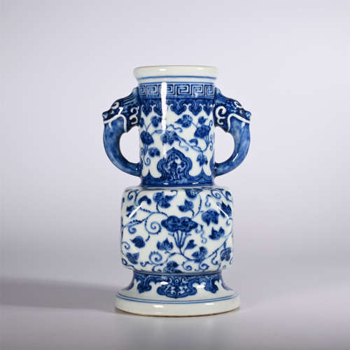 Qing Dynasty Yongzheng Blue and White Elephant Ear Zun