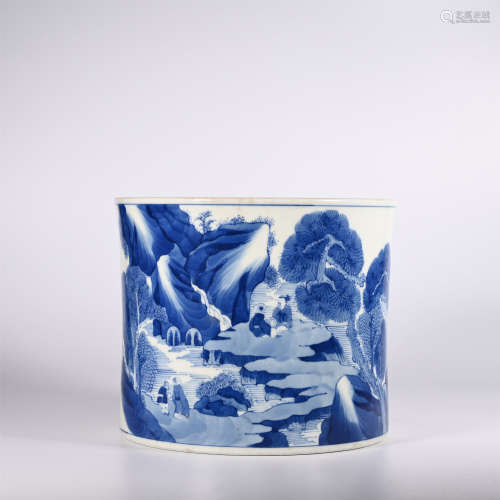 A blue and white landscape character pen holder in Kangxi, Qing Dynasty