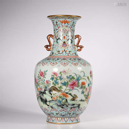 Qianlong famille rose double ear vase