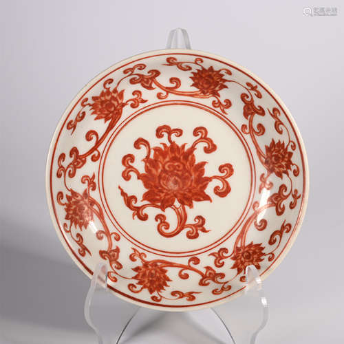 Ming Xuande Red Flower Plate in Glaze