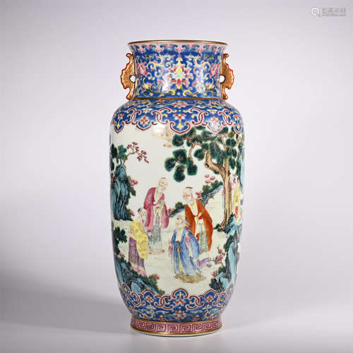 Qing Dynasty Qianlong famille rose double ear tube bottle