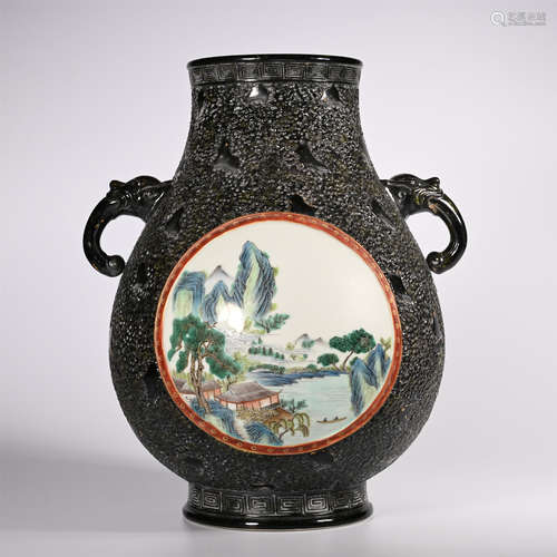 Qing Dynasty Qianlong famille rose vase with elephant ears