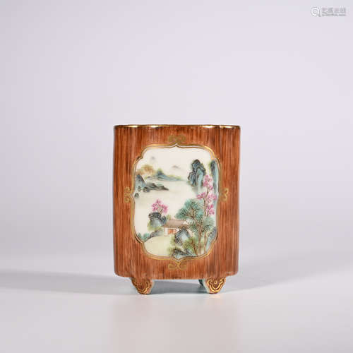 Qing Dynasty Qianlong famille rose imitation wood grain glaze pen holder