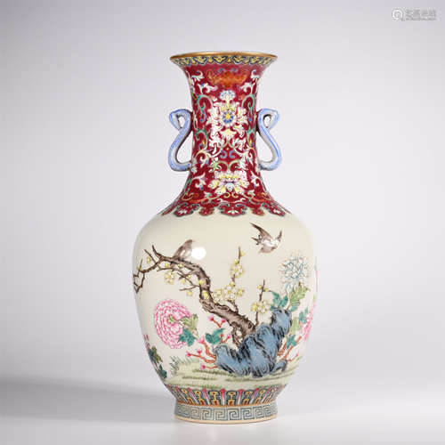 Qianlong famille rose double ear vase