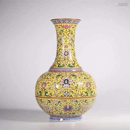 Qing  Qianlong Period Yellow ground famille rose bottle