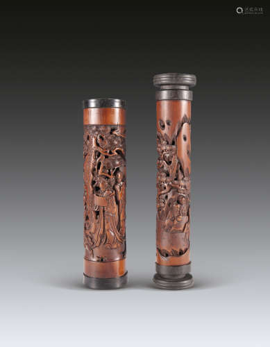 19世纪竹雕人物香筒一组二件