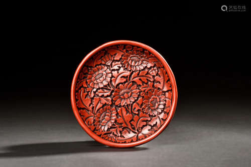 CINNABAR LACQUER CARVED 'FLOWERS' DISH