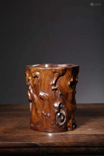 HUANGHUALI WOOD CARVED NATURALISTIC TREE TRUNK BRUSH POT