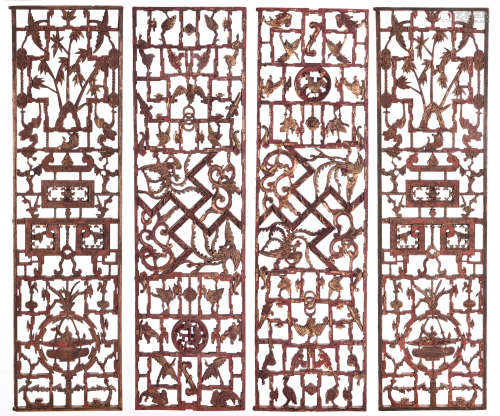 FOUR OPENWORK CARVED WOODEN HANGING PANELS