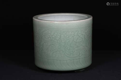 CELADON GLAZED AND IMPRESSED 'FLOWERS AND VINES' TRIPOD CENSER