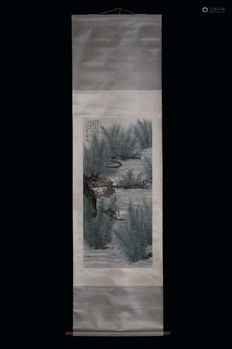 WANG HUAIMIN: INK AND COLOR ON PAPER PAINTING 'RIVERSIDE SCENERY'