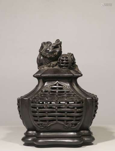 ZITAN WOOD OPENWORK CARVED 'BASKET' WITH LION KNOB