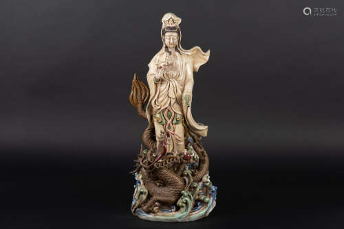 CREAM GLAZED AND PAINTED GUANYIN STANDING FIGURE