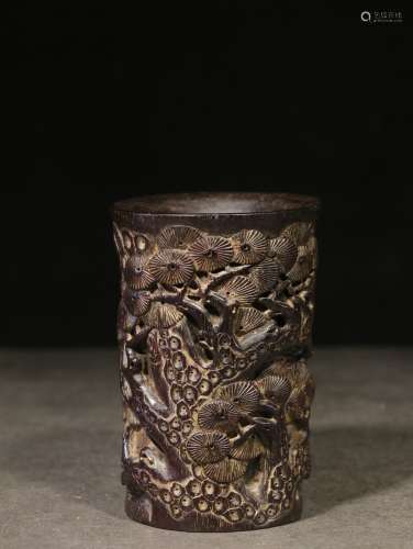 ZITAN WOOD RELIEF CARVED 'PINE TREES' BRUSH POT