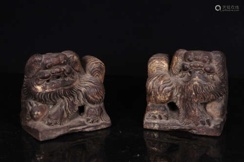 PAIR OF WOOD CARVED 'LION' FIGURES
