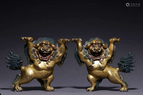 PAIR OF GILT BRONZE CAST 'LIONS'