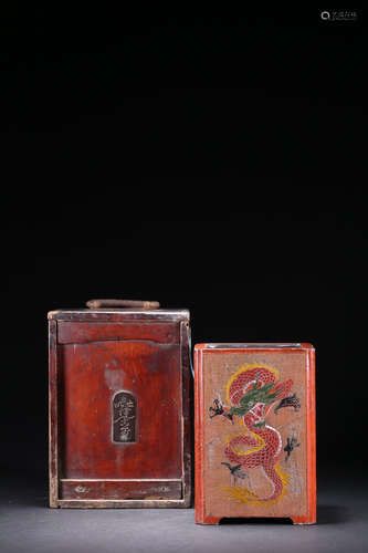 WOOD CARVED AND PAINTED RECTANGULAR 'DRAGON' BRUSH POT