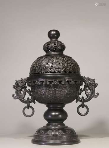 ZITAN WOOD OPENWORK CARVED 'CHILONG' STEM CENSER WITH LID