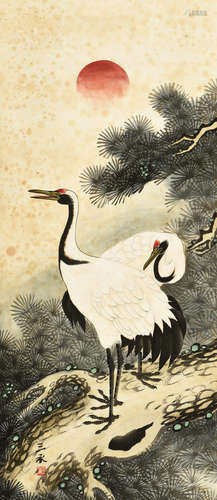 JAPANESE INK AND COLOR ON PAPER PAINTING 'CRANE'