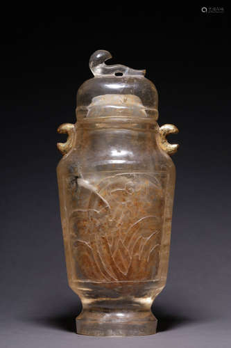 NATURAL CRYSTAL CARVED AND GILT VASE WITH LID