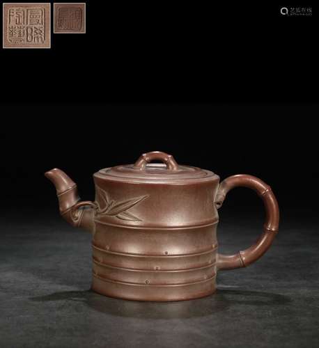 YIXING ZISHA CARVED 'BAMBOO SECTIONS' TEAPOT