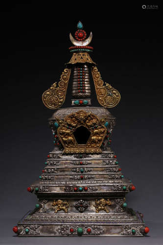 TIBETAN GILT SILVER AND ORNATE PAGODA