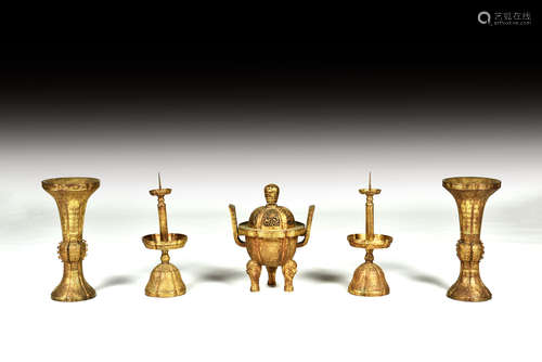 SET OF FIVE GILT BRONZE RITUAL GARNITURES