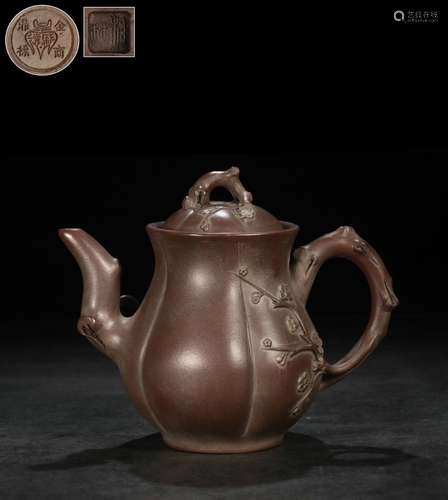 YIXING ZISHA CARVED 'PLUM FLOWERS' LOBED TEAPOT