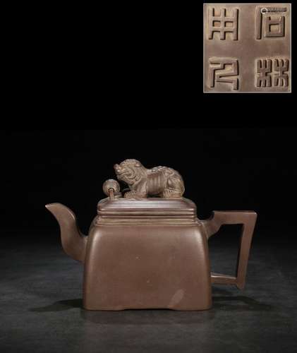 YIXING ZISHA CARVED 'MYTHICAL LION' RECTANGULAR TEAPOT