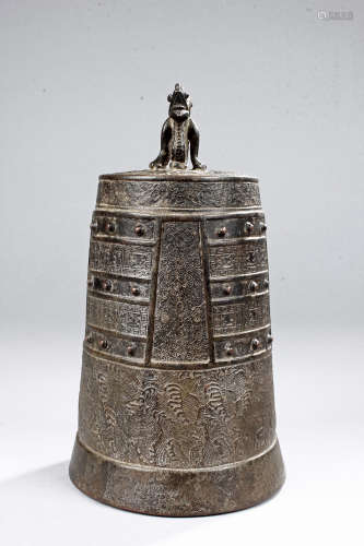 ARCHAIC BRONZE BELL AND WOODEN HANGING STAND