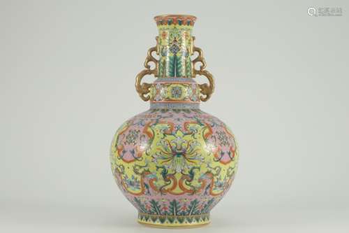 A Daqing-Qianlong Mark Famille Rose Ear Vase
