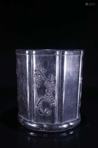 A Rosewood Brush Pot With Carving