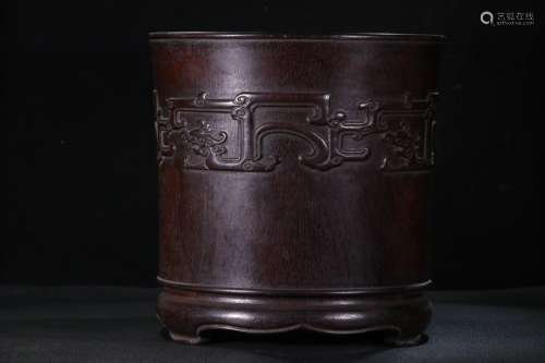 A Rosewood Brush Pot With Beast Carving